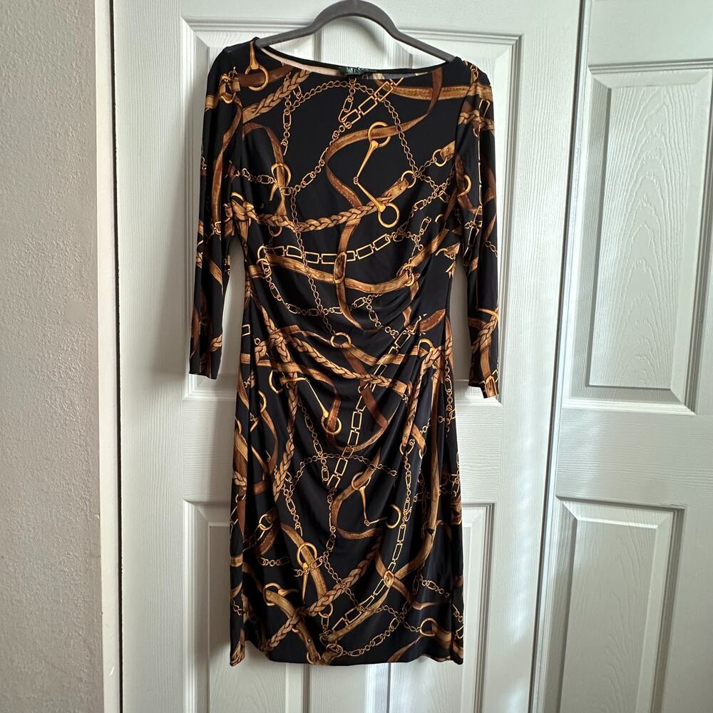 Lauren Ralph Lauren Dress Womens 8 Black Gold Belting Bridle Chain Equestrian